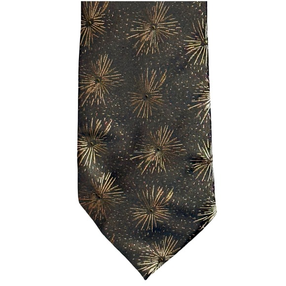 Other - Vintage Starburst Firework Silk Tie Mens Dark Olive Green Gold Hand Made 57"